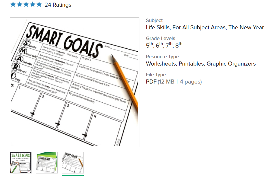 screenshot of smart goals setting worksheet for students on Teachers Pay Teachers