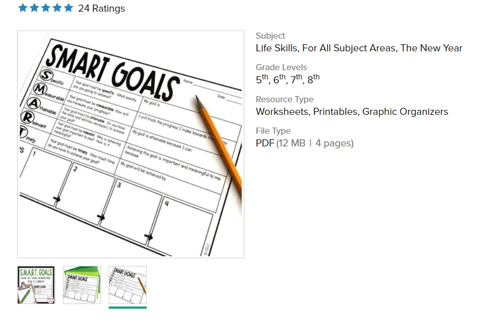 screenshot of smart goals setting worksheet for students on Teachers Pay Teachers
