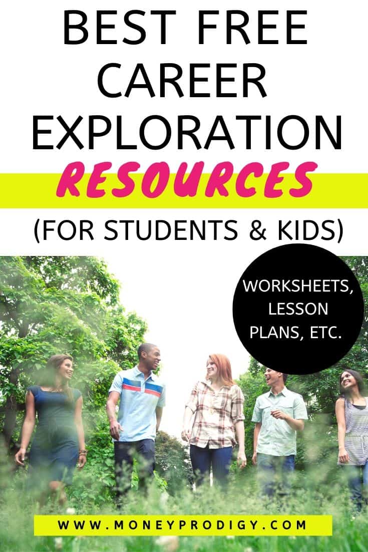 a group of teen students walking and talking in a meadow, text overlay "best free career exploration resources for students and kids, worksheets, lesson plans, etc."