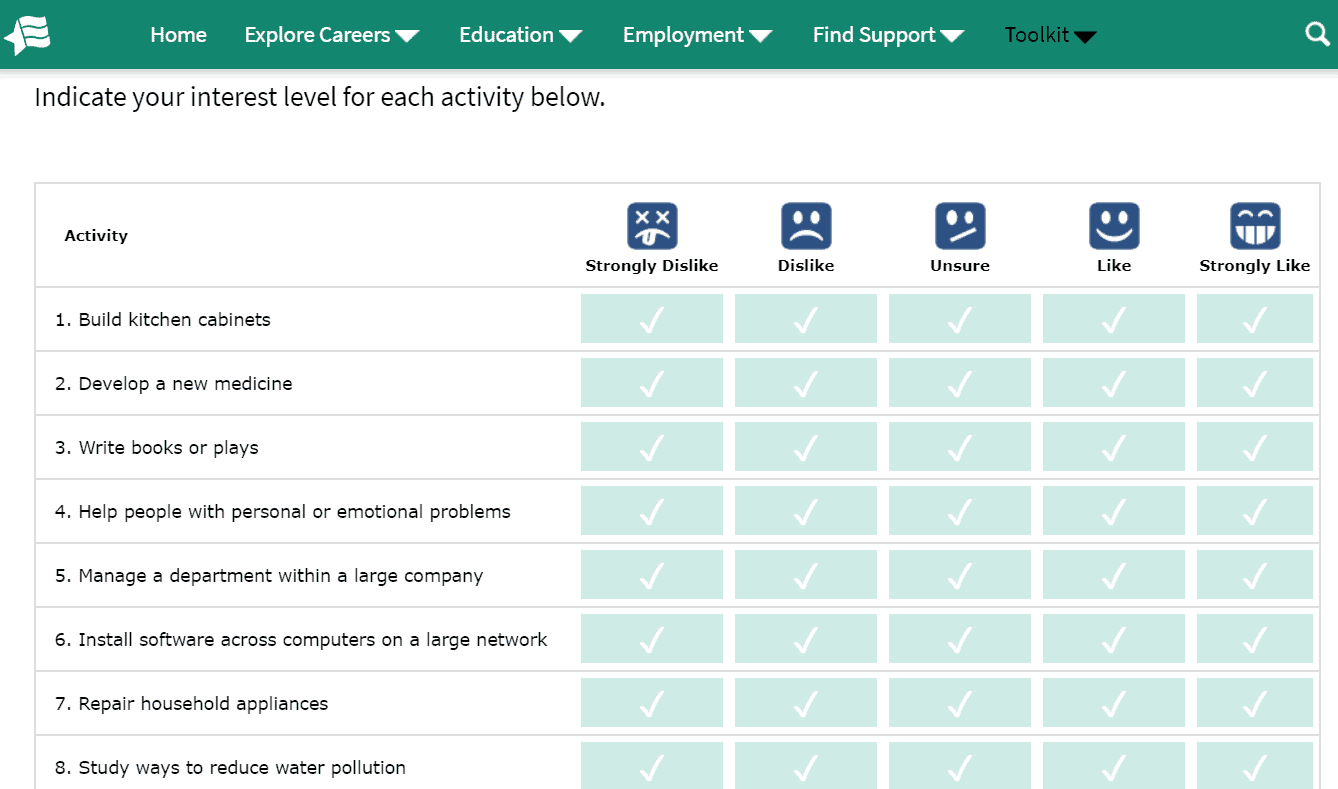 screenshot of Career One Stop's career assessment test for students