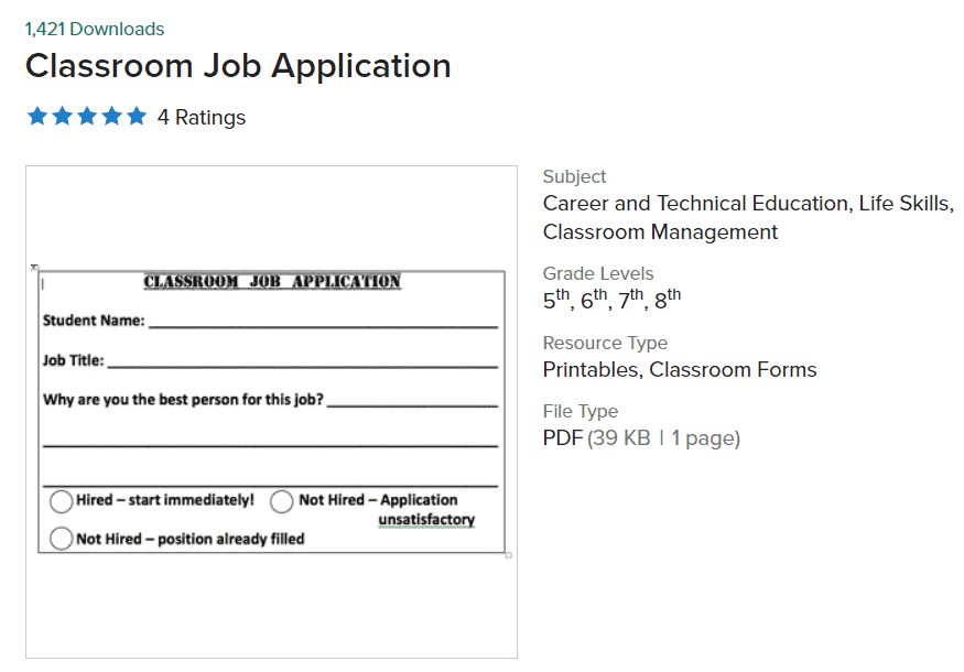 career research project for elementary students screenshot of classroom job application worksheet for students