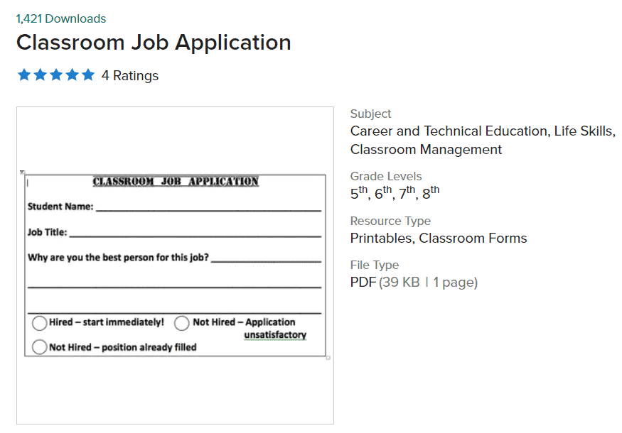 screenshot of classroom job application worksheet for students