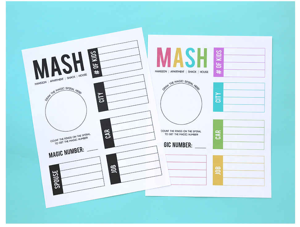 screenshot of MASH free printable activities for tweens