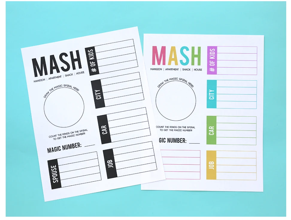 screenshot of MASH free printable activities for tweens