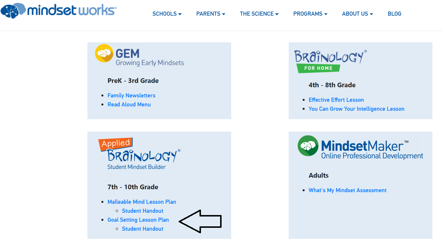 screenshot of goal setting lesson plan for teenagers on Mindset Works