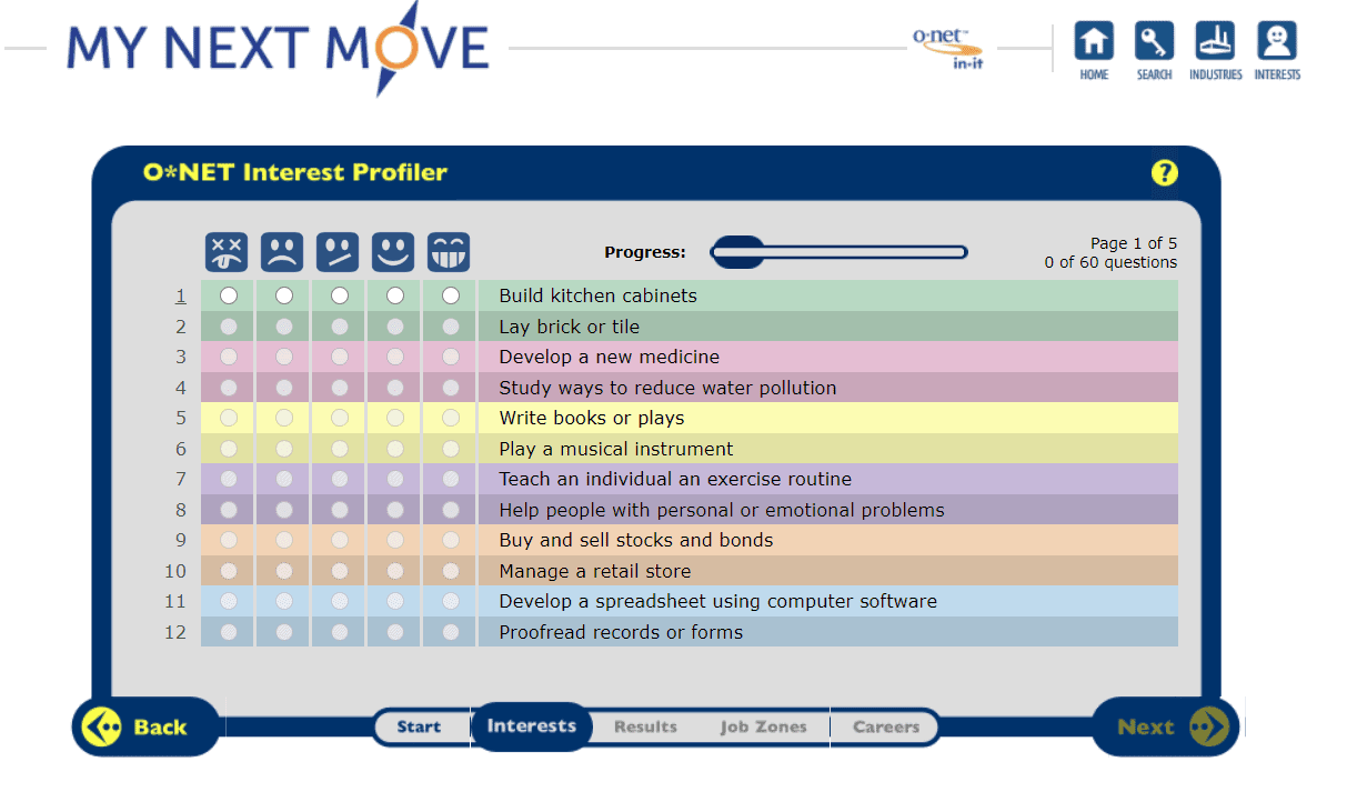 screenshot of Onet's career assessment test for students