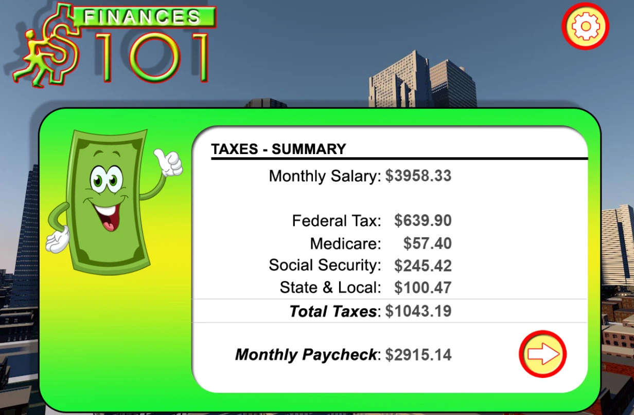 screenshot of Finance 101 personal finance literacy game for kids