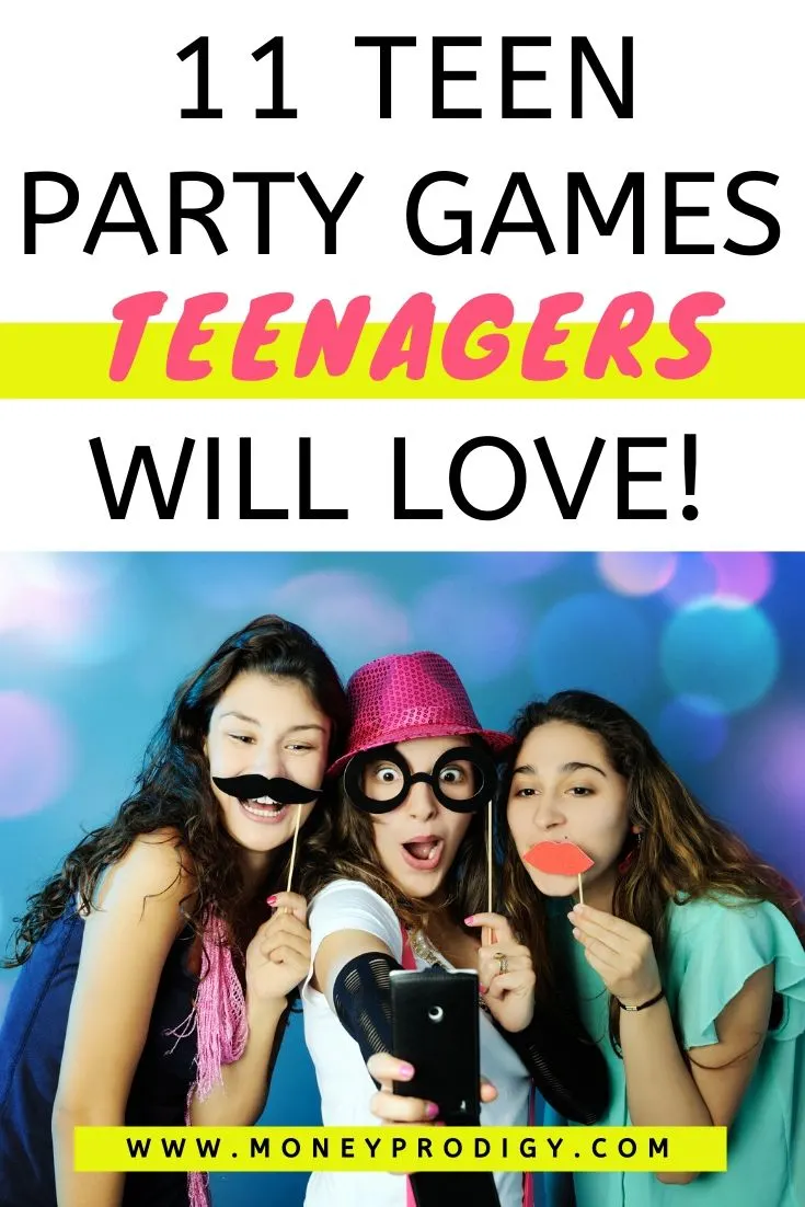 three teenager girls with mustache props, text overlay