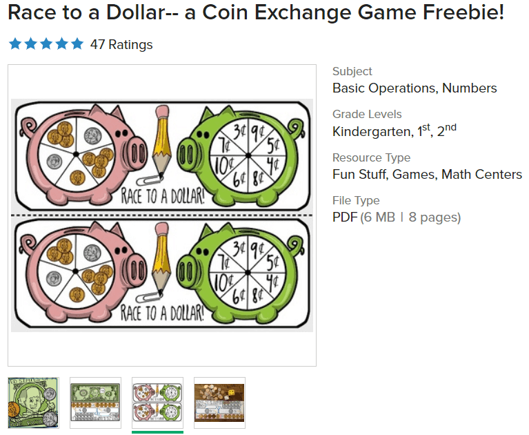 screenshot of race to a dollar free money board games printable