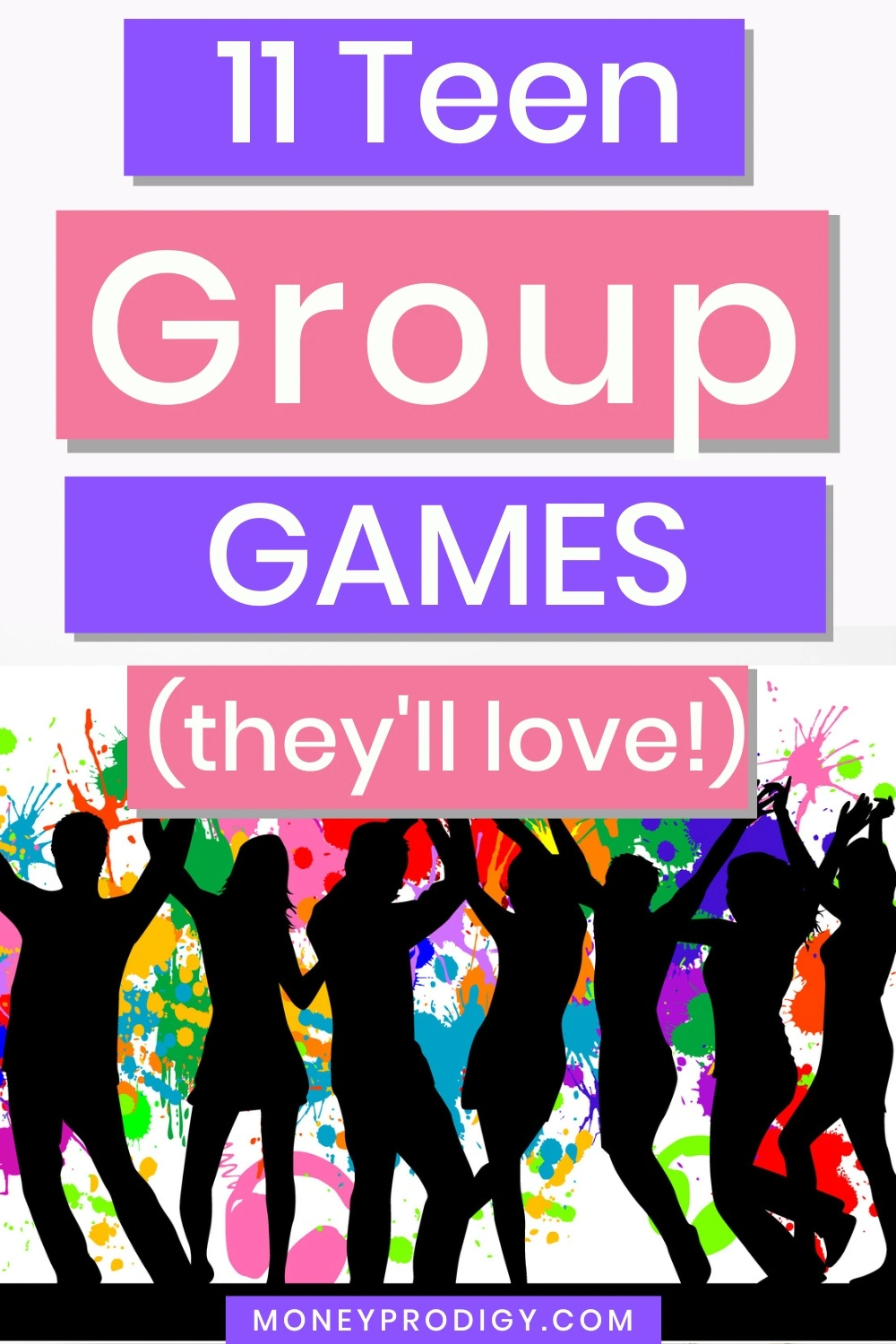 shadow teen graphic over graffiti, text overlay "11 teen group games they'll love"