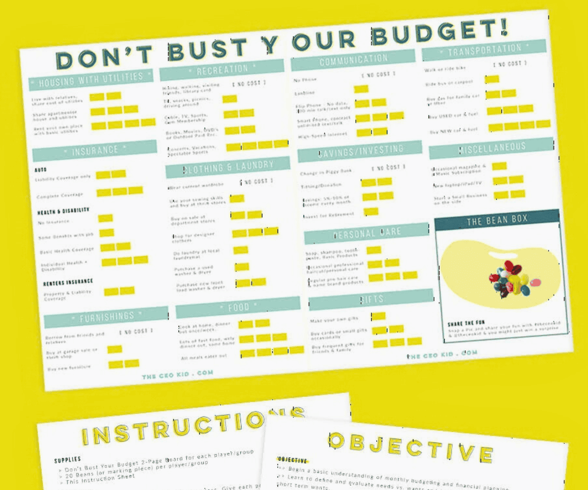 Detailed Don't Bust Your Budget game with a Bean Box on yellow background