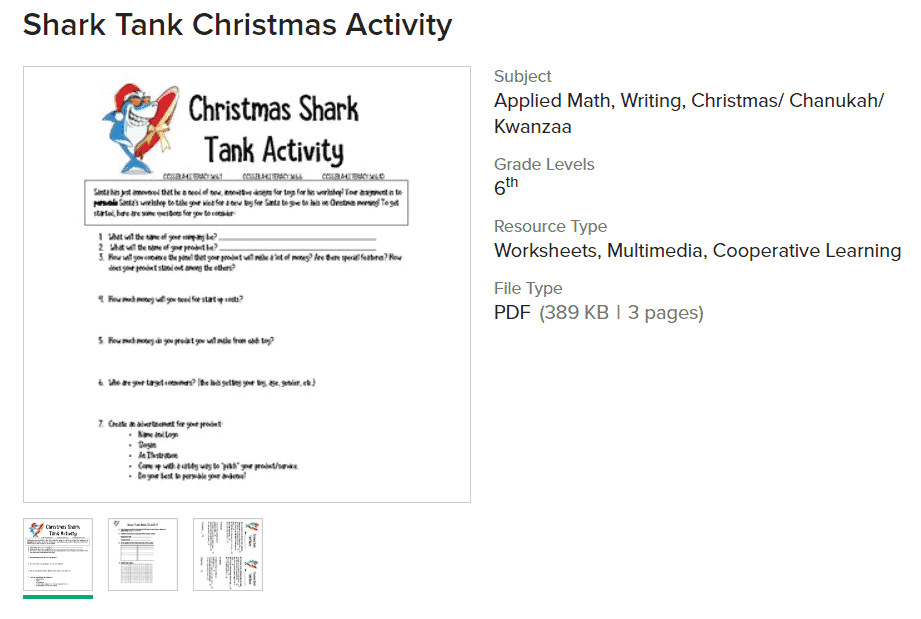 screenshot of Christmas shark tank activity worksheet PDF