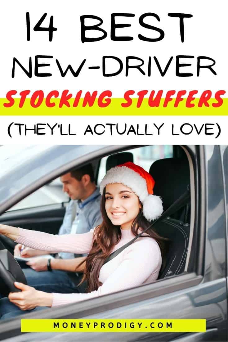 teen girl driver with Santa hat on, text overlay, "14 best new driver stocking stuffers they'll actually love"