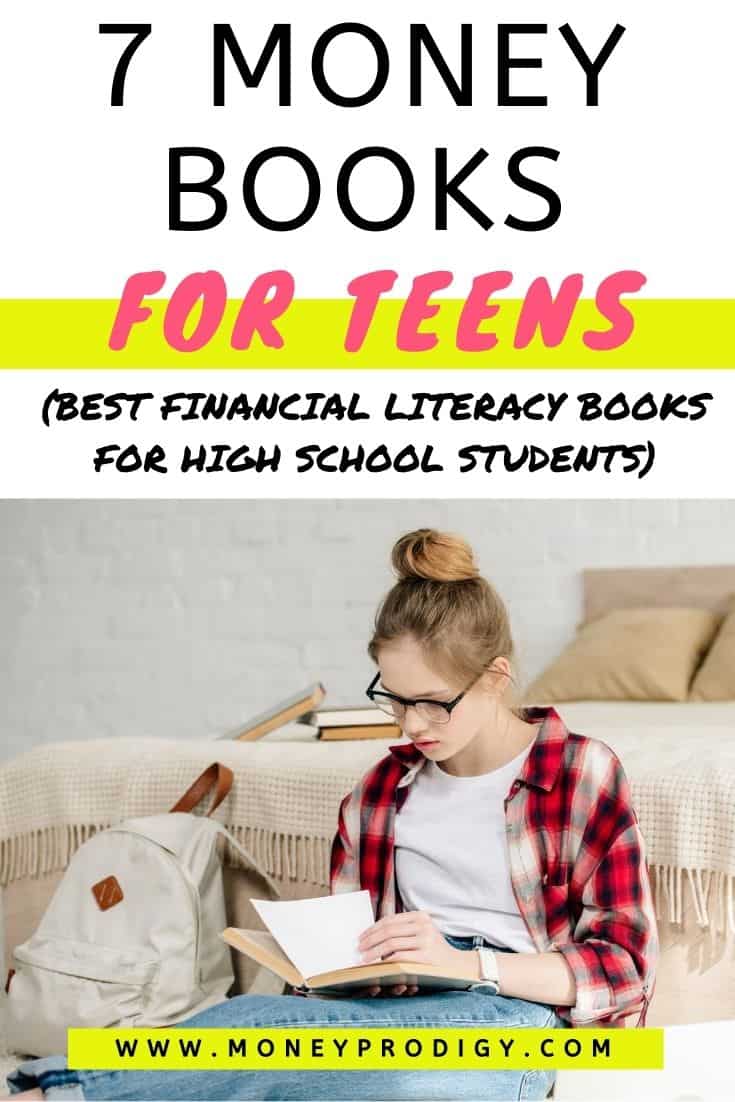 young teen woman reading book on floor, text overlay "7 money books for teens - best financial literacy books for high school students"