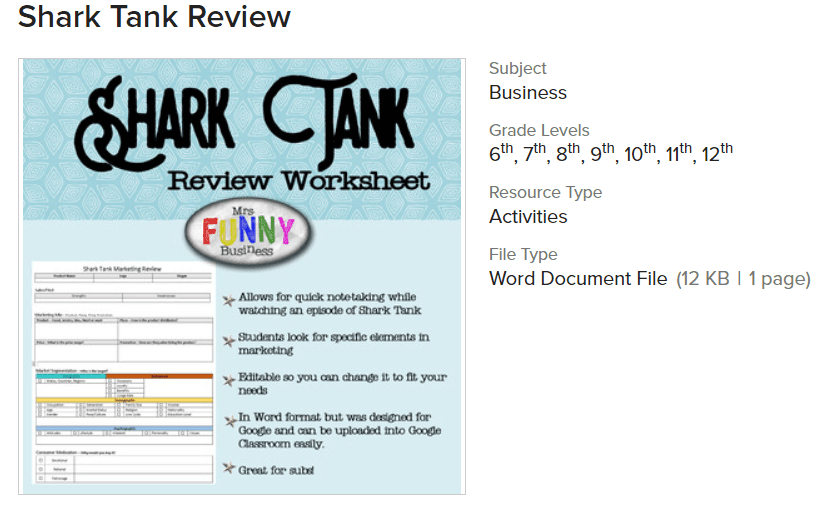 screenshot of shark tank marketing activity worksheet PDF