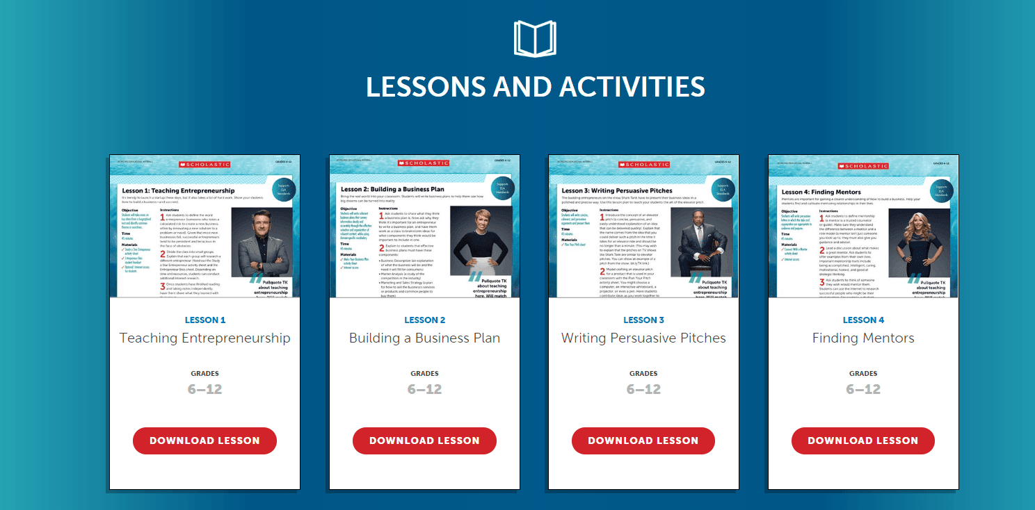 screenshot of scholastic shark tank lessons and activities