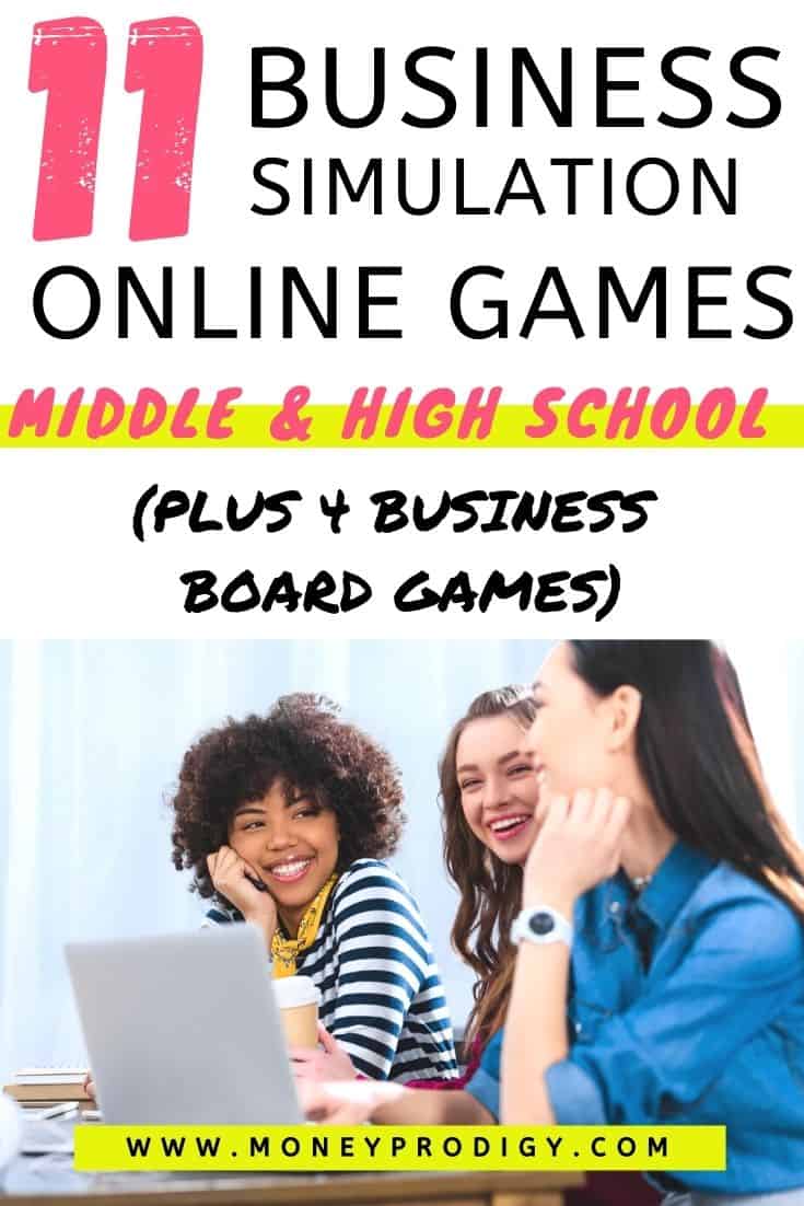 three high school students playing business games, text overlay "11 business simulation online games for middle school and high school students"