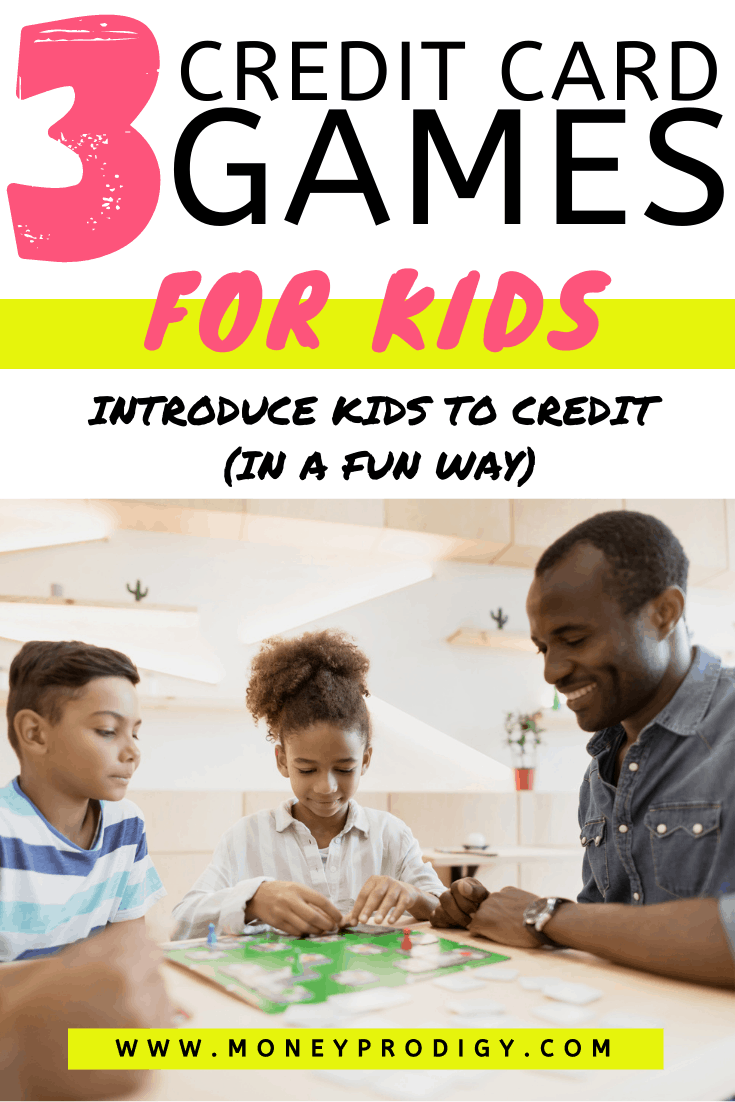 family playing credit game to learn about credit at table, text overlay "3 credit card games for kids to introduce kids to credit in a fun way"