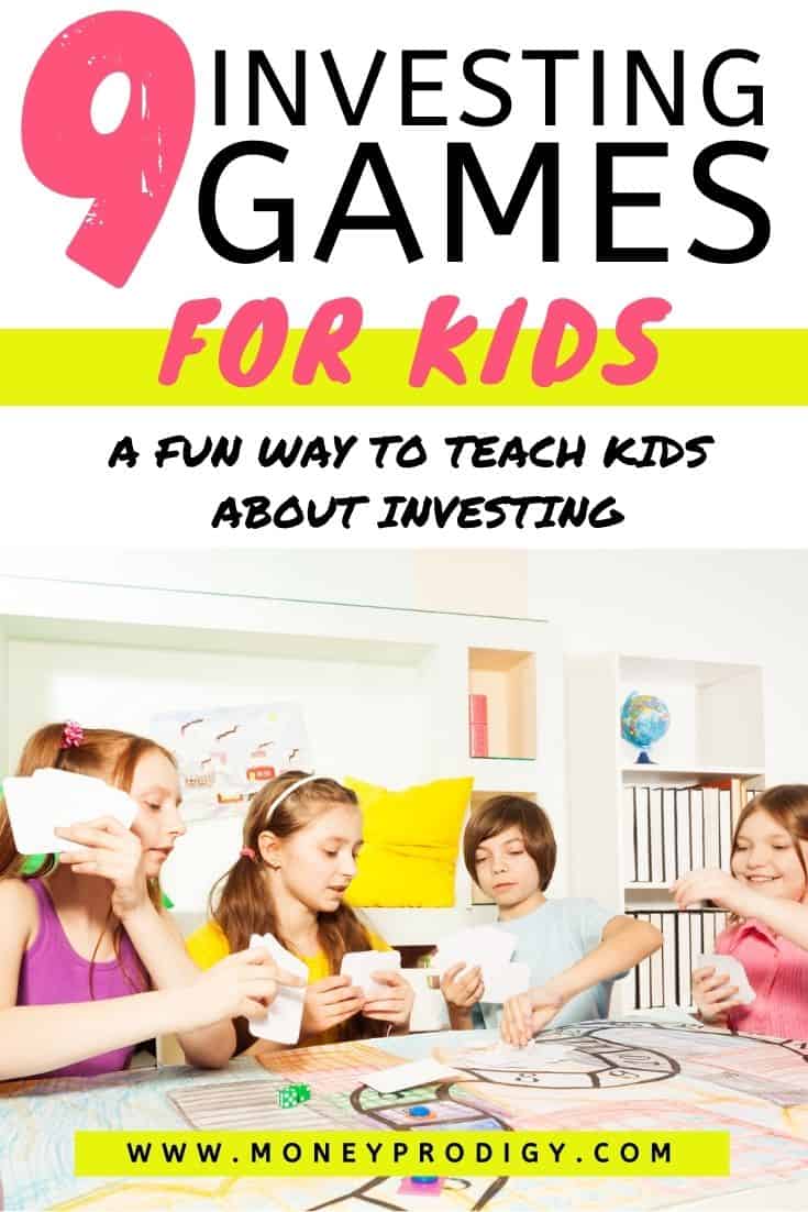 kids playing investing board games at table, text overlay "9 investing board games for kids - a fun way to teach kids about investing"