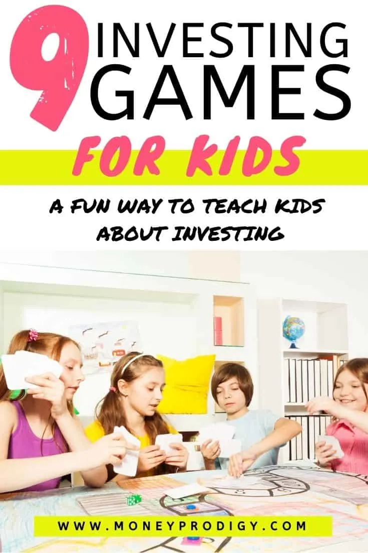 kids playing investing board games at table, text overlay "9 investing board games for kids - a fun way to teach kids about investing"