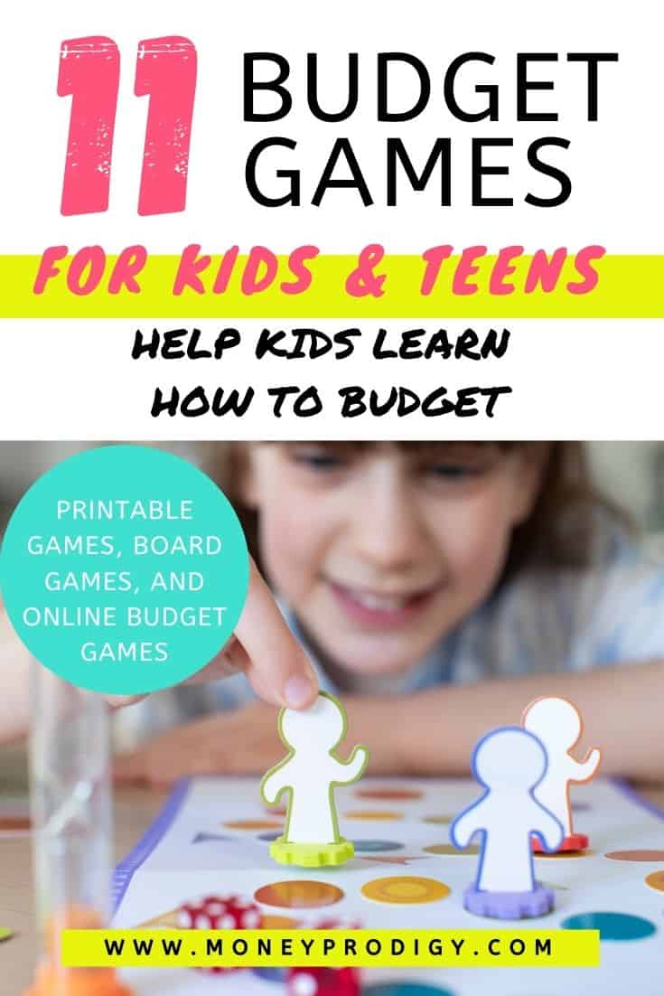 girl child playing budget game at desk, text overlay "11 budget games for kids and teens - help kids learn how to budget."
