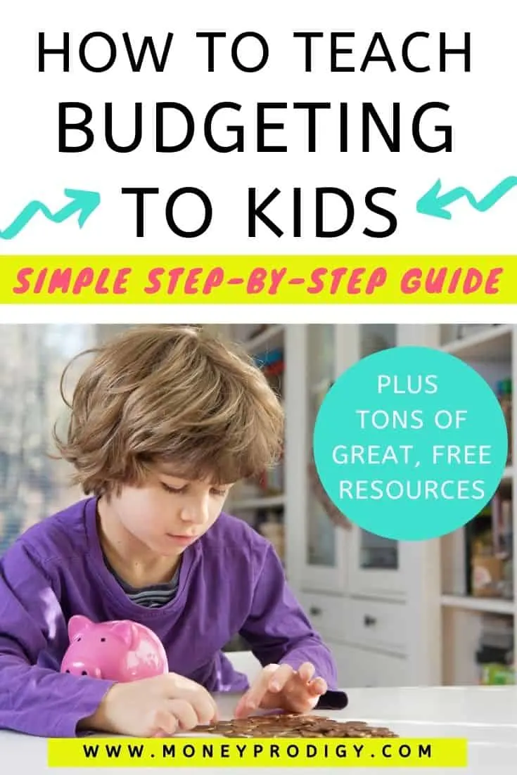kid boy in purple shirt counting coins with piggy bank, overlay "how to teach budgeting for kids - simple step by step guide"