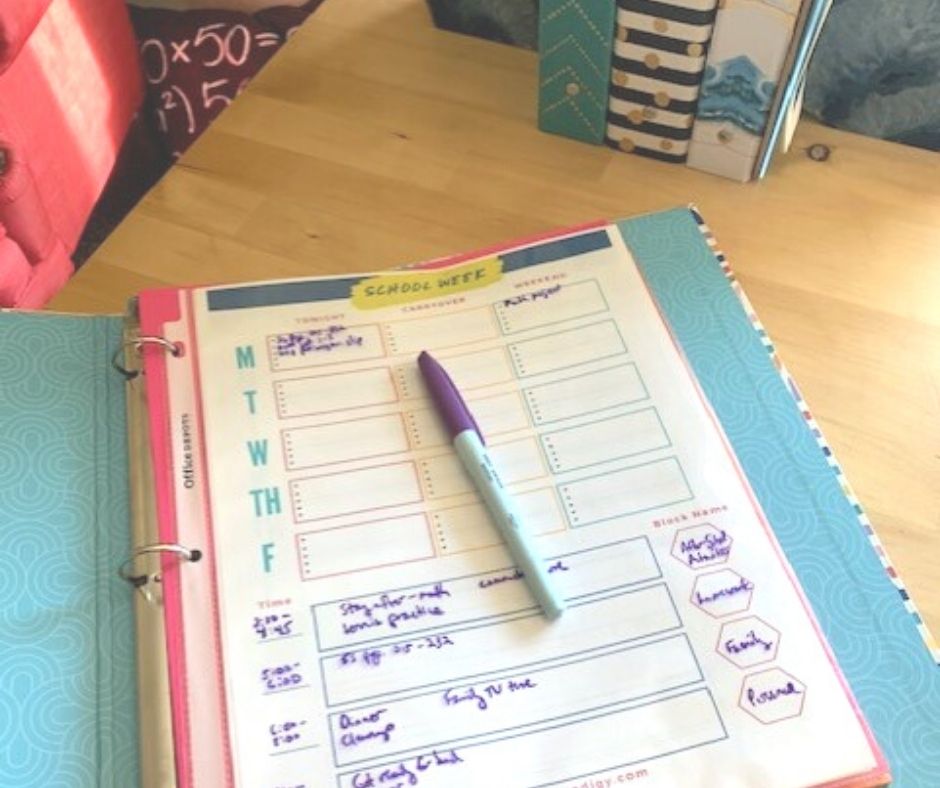 screenshot of editable after school routine chart for teens and high school students, filled out with time blocks and a wet erase marker