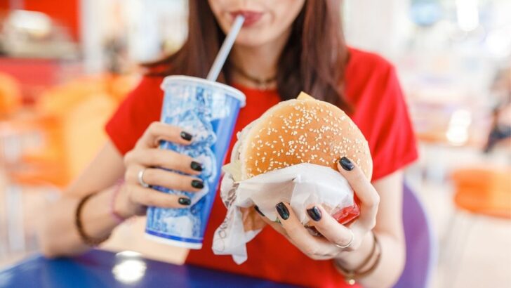 teen girl in red shirt eating hamburger fast food meal
