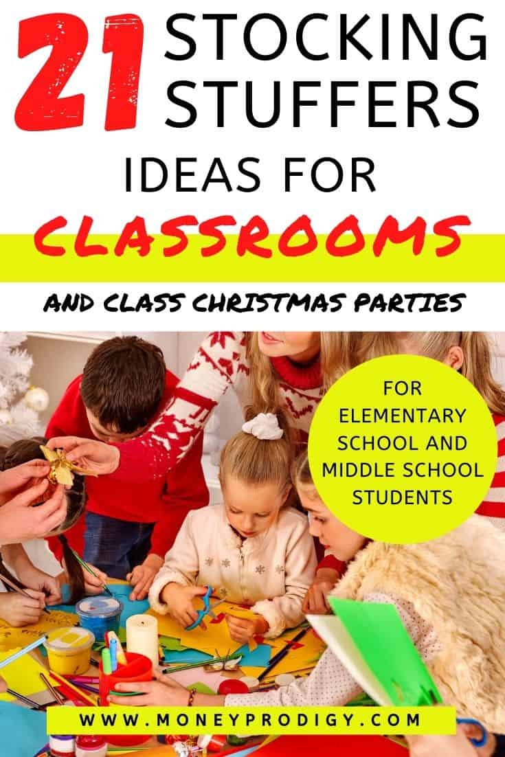 teacher in classroom with kids, handing one a gift, text overlay "21 stocking stuffer ideas for classrooms - and class Christmas parties"