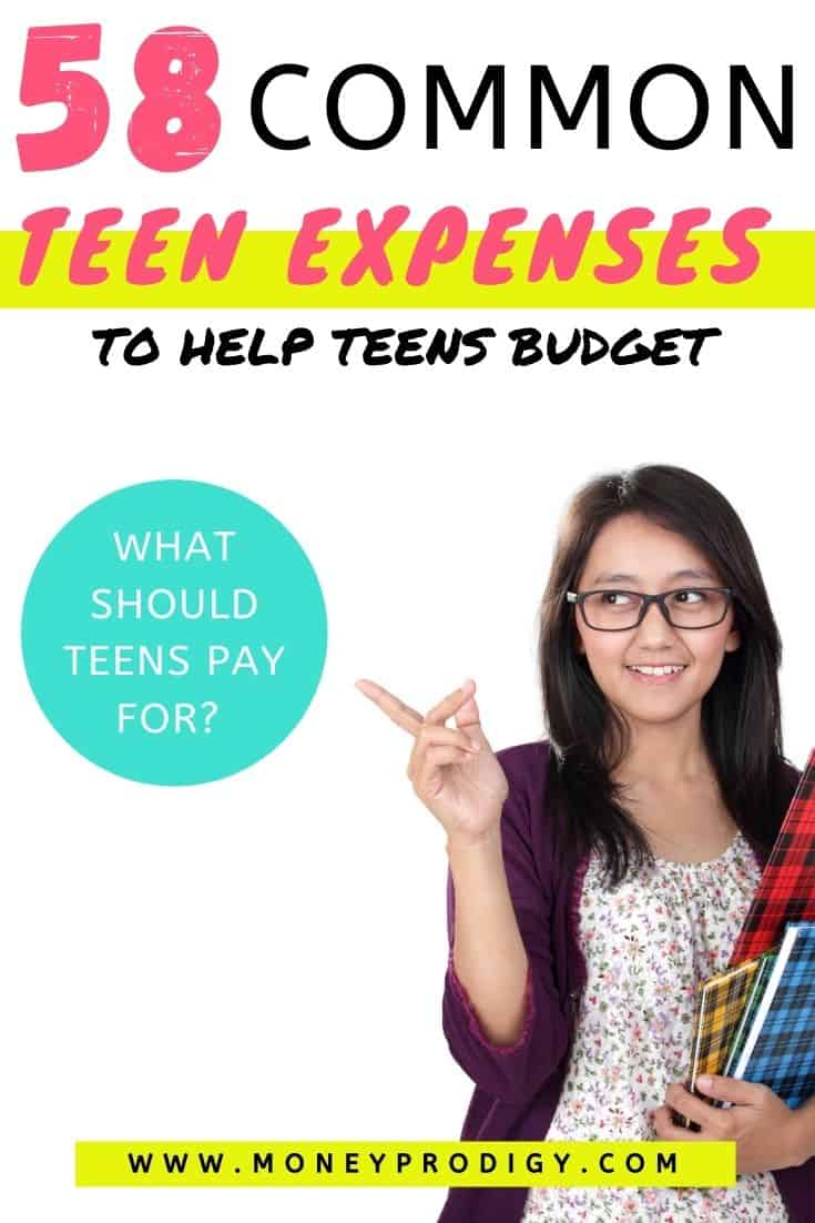 teen girl with glasses pointing towards text overlay, which says "58 common teen expenses to help teens budget - what should teens pay for?"