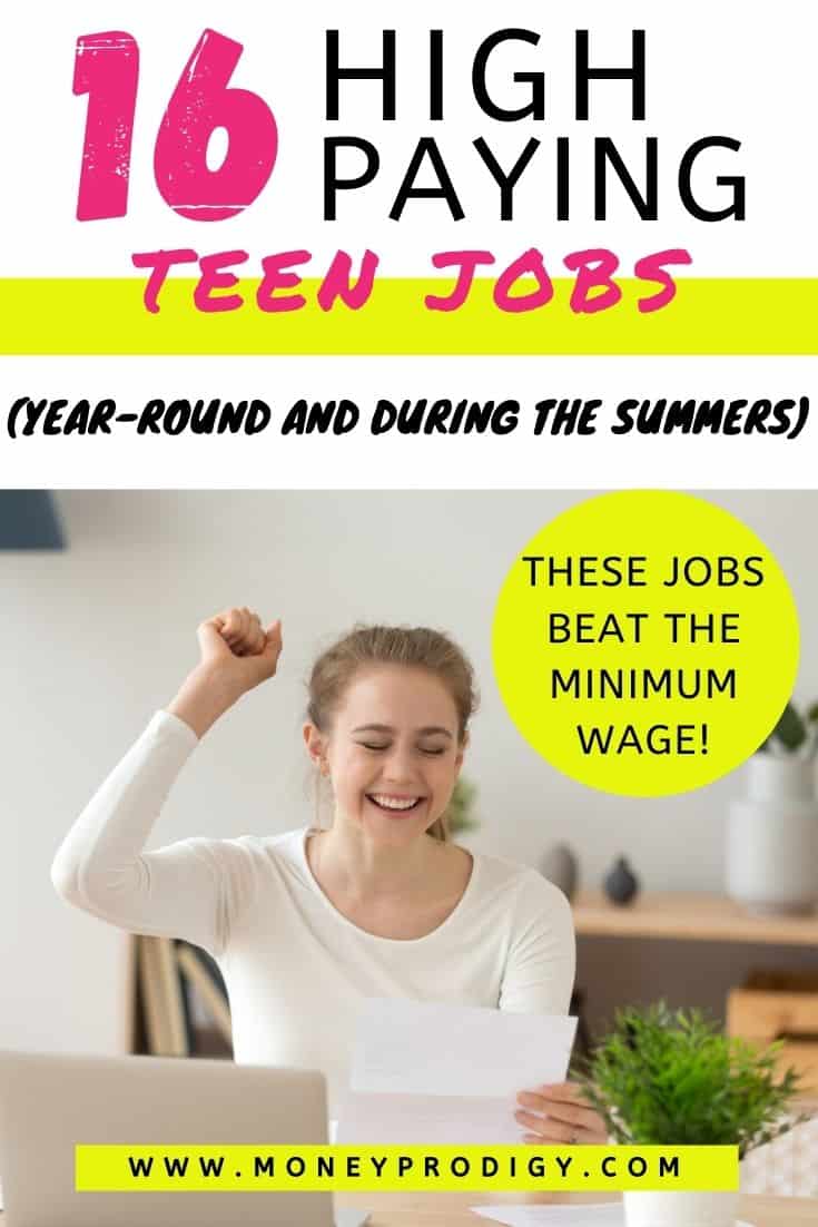 teen woman celebrating job acceptance letter, text overlay "16 high paying teen jobs (year-round and during the summers) that will beat minimum wage"