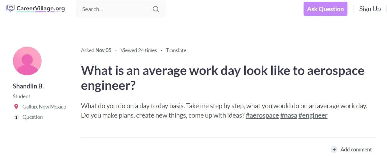 screenshot of high school question, "what is an average work day look like to aerospace engineer?"
