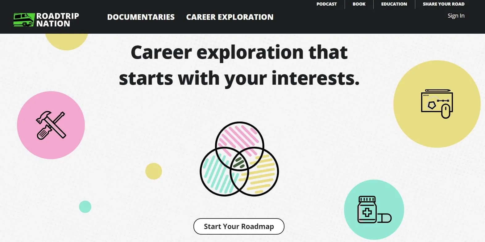 screenshot of roadtrip nation career exploration site for teens