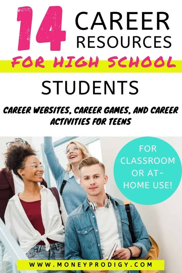 group of high school students walking down stairs at school, text overlay "14 career resources for high school students - career websites, career games and career activities for teens"