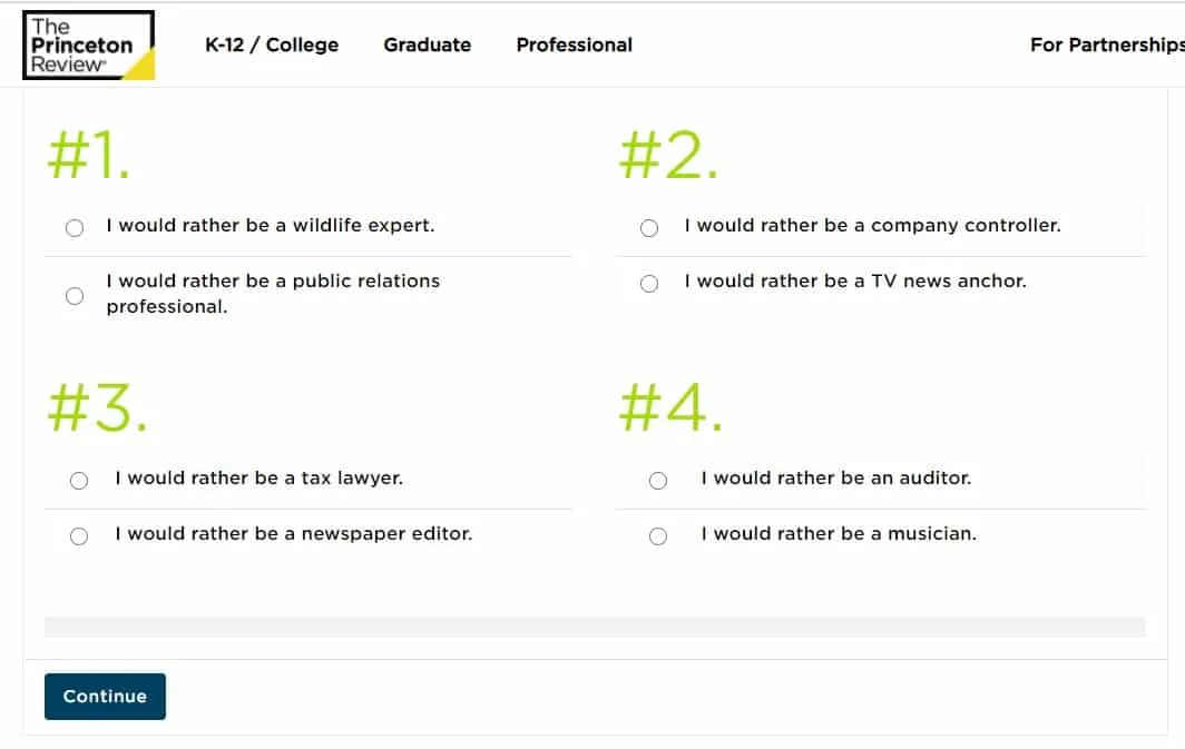 screenshot of career test on princeton review's career site