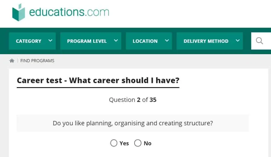 screenshot of career test for students on educations.com site