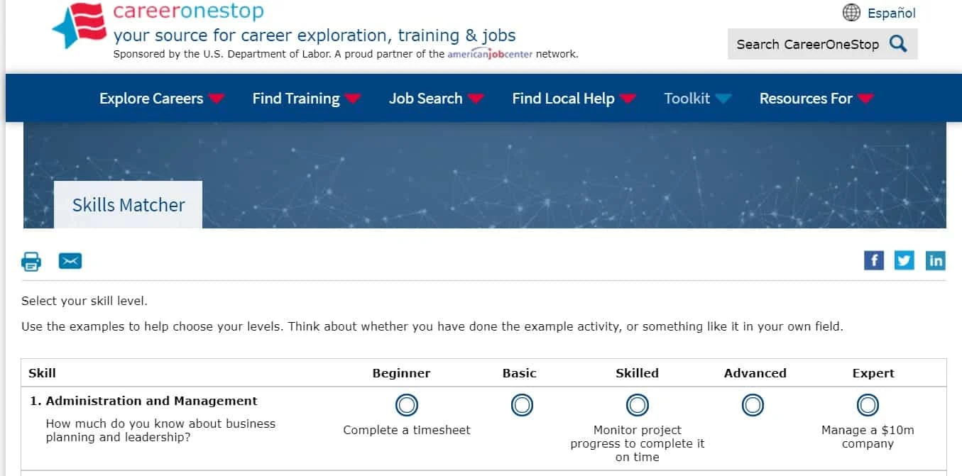 screenshot of career test on career one stop's website