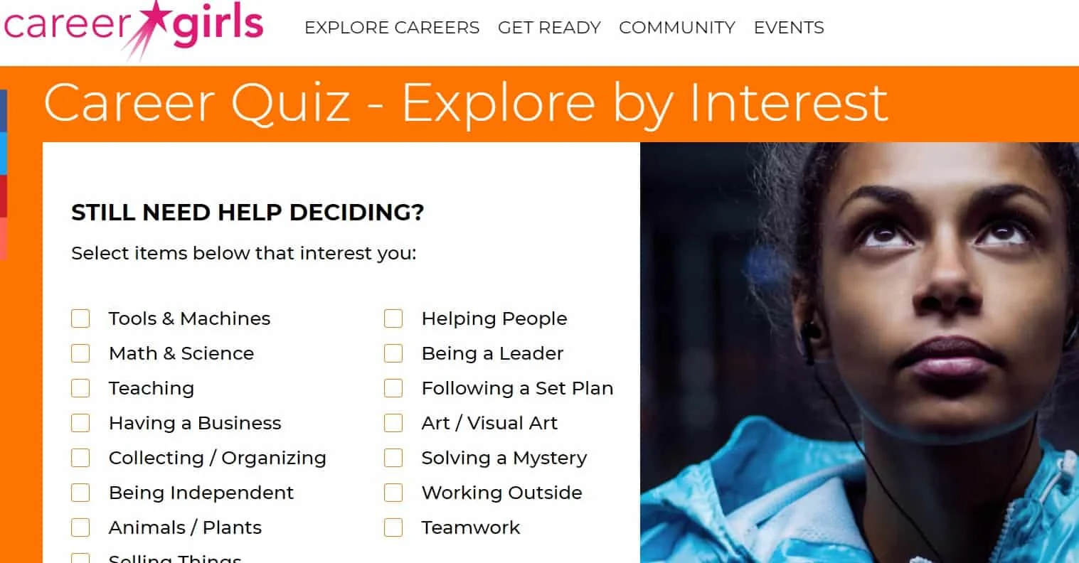 screenshot of career girls career quiz, free career resources for schools