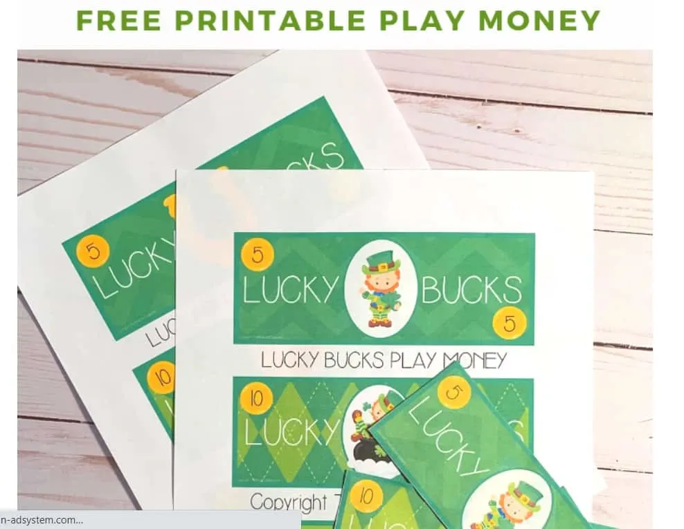 screenshot of free money printable with leprechaun theme