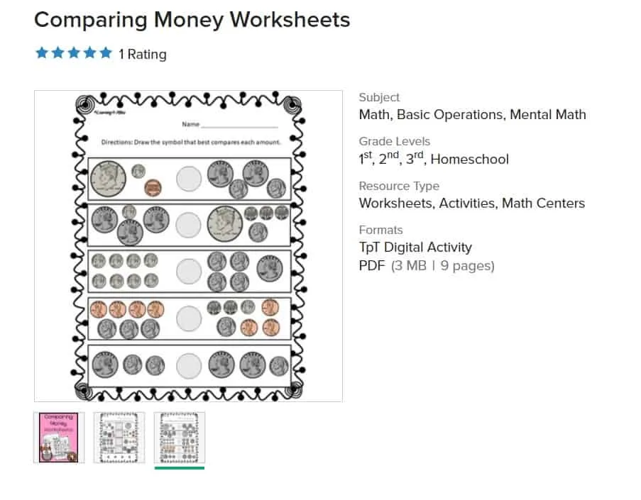 screenshot of money worksheet printable for second grade, comparing money worksheets