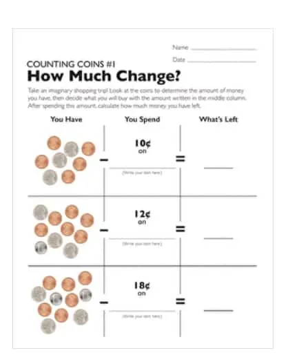 screenshot of how much change printable money worksheet for 2nd graders
