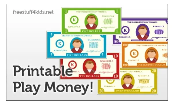 screenshot of free printable play money with faceless characters, colorful