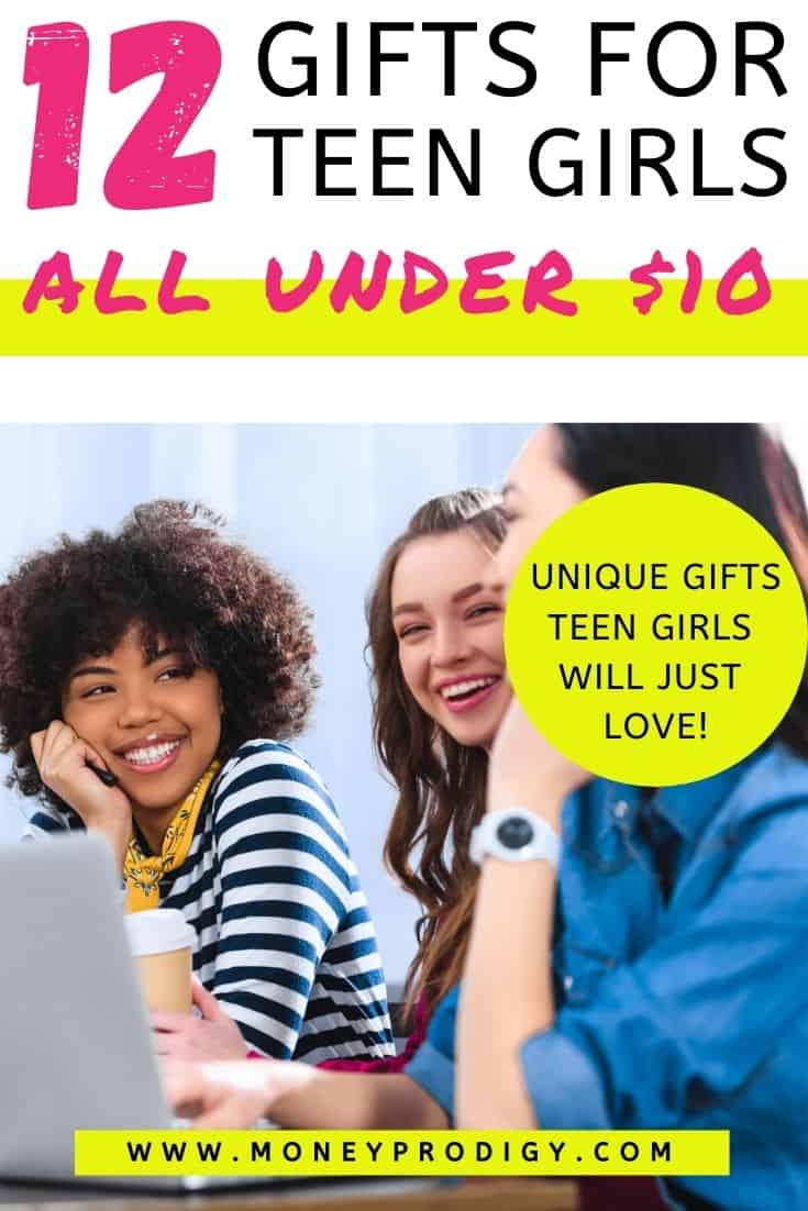 three teen girls at desk, text overlay, "12 gifts for teen girls all under $10 - unique gifts teen girls will just love"