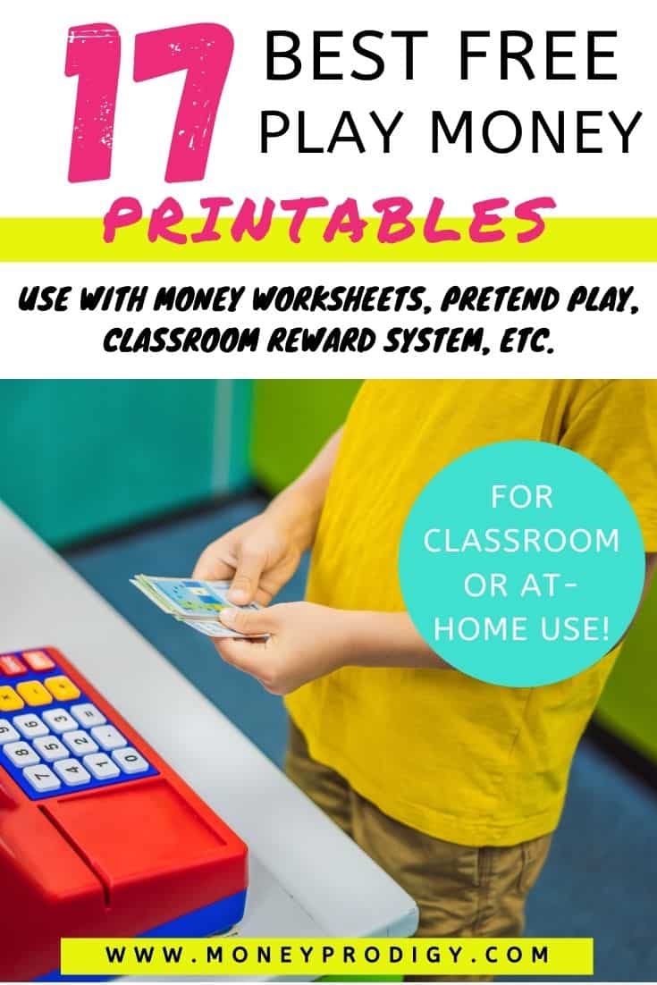 boy playing with pretend money and cash register, text overlay "17 best free play money printables"