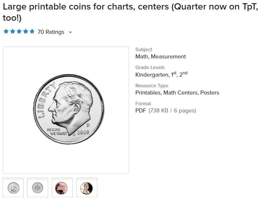 screenshot of large print coin pretend printables