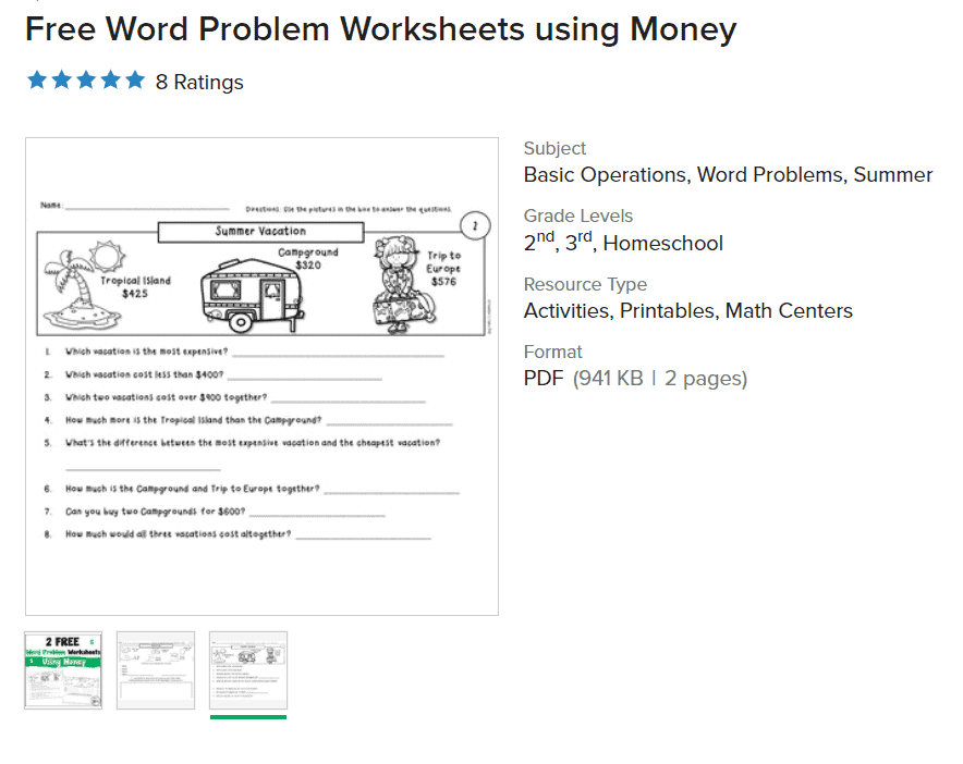 screenshot of money word problems with a beach theme