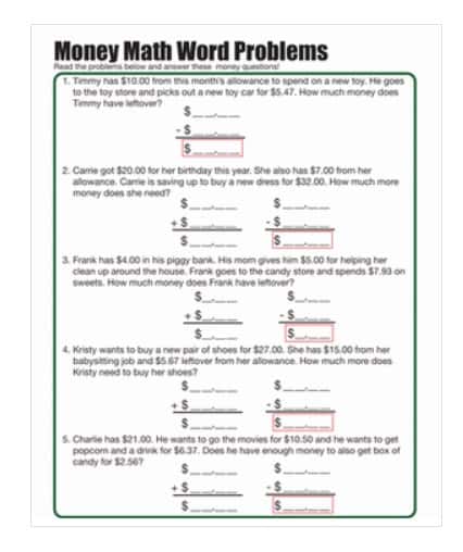 screenshot of money word problems free worksheet for second grade