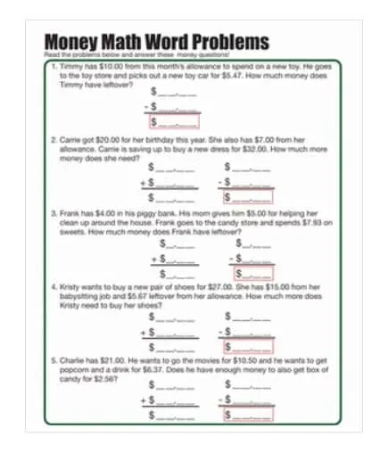 screenshot of money word problems free worksheet for second grade