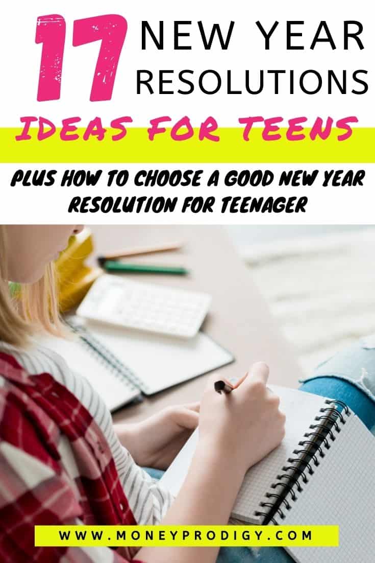 teen girl on couch writing out teen resolutions, text overlay,