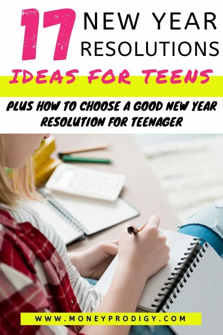 teen girl on couch writing out teen resolutions, text overlay, 